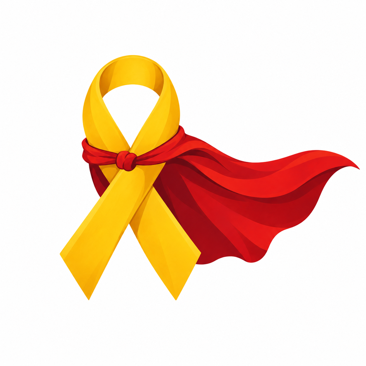 Yellow and red ribbon with flowing fabric, tied in a bow against a white background.